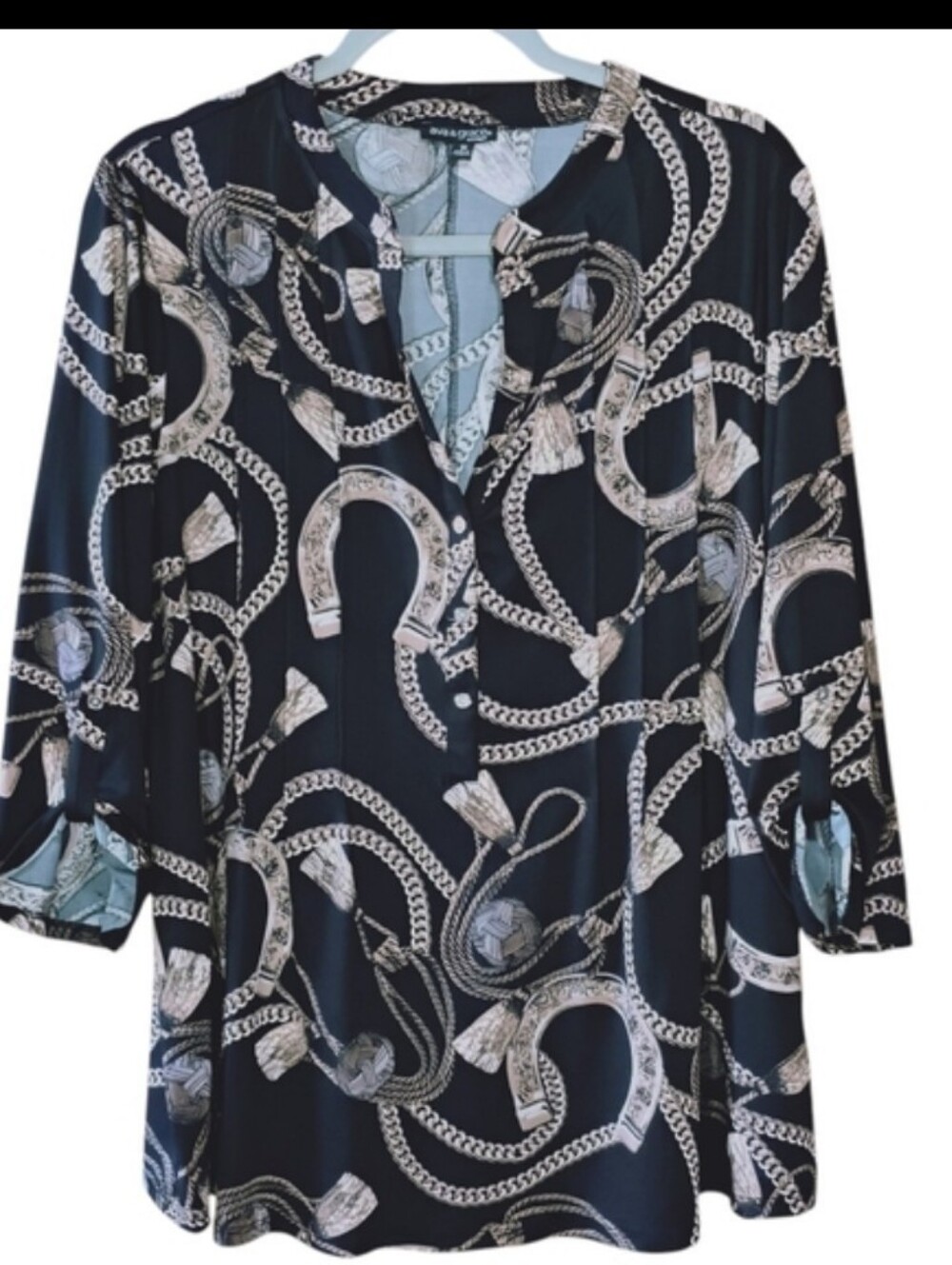 Ava & Grace Black And Gold Chain & Rope Print V-Neck Tunic Sz 1X